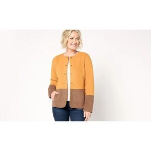 Susan Graver Color Block Fleece Snap Front Jacket Caramel, Size 2X #15M